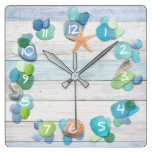 Beach Treasures Sea Glass Driftwood Shells Square Wall Clock