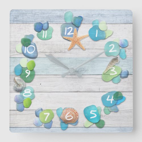 Beach Treasures Sea Glass Driftwood Shells Square Wall Clock