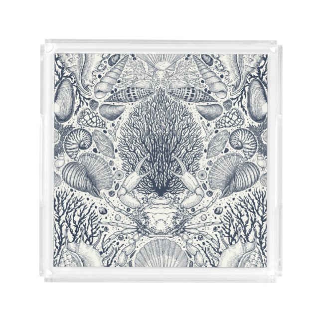 Beach treasures, seashells, crab, corals and seawe acrylic tray (Front)