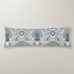 Beach treasures, seashells, crab, corals and seawe body pillow