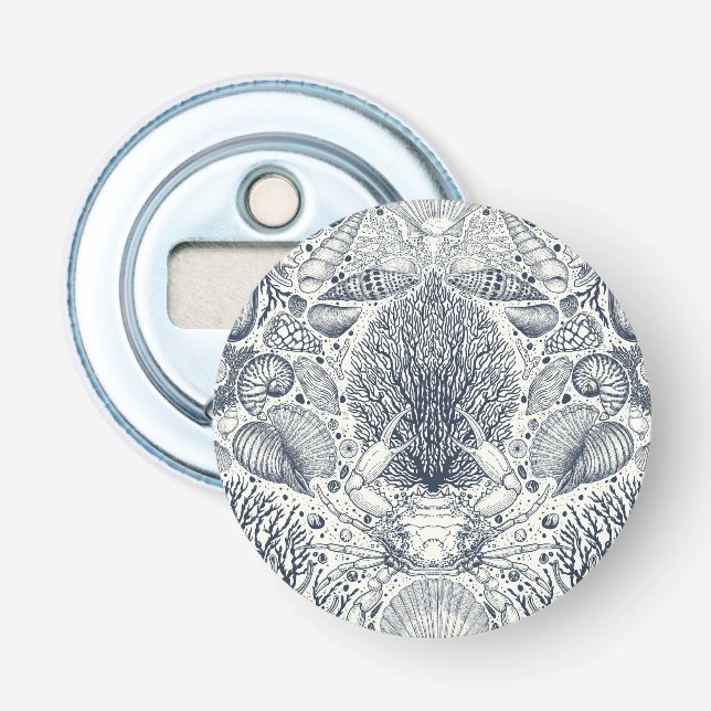 Beach treasures, seashells, crab, corals and seawe bottle opener (Front)