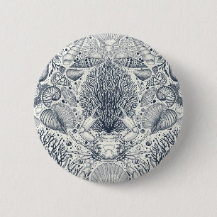 Beach treasures, seashells, crab, corals and seawe button