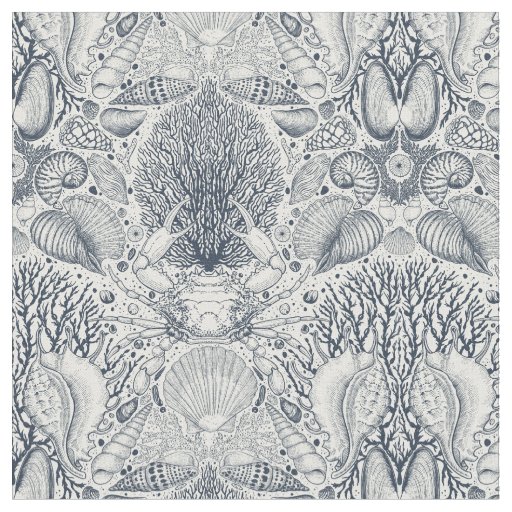 Beach treasures, seashells, crab, corals and seawe fabric