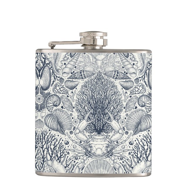 Beach treasures, seashells, crab, corals and seawe flask (Front)