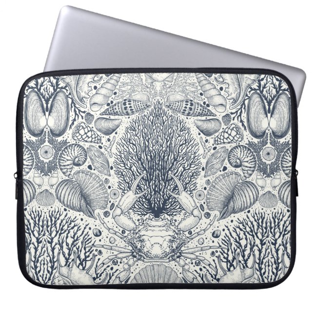 Beach treasures, seashells, crab, corals and seawe laptop sleeve (Front)