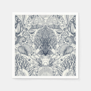 Beach treasures, seashells, crab, corals and seawe napkins