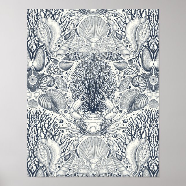 Beach treasures, seashells, crab, corals and seawe poster (Front)