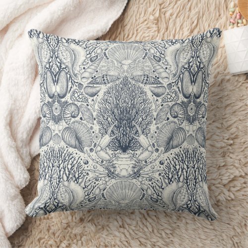 Beach treasures seashells crab corals and seawe throw pillow