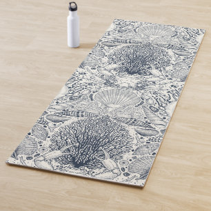Beach treasures, seashells, crab, corals and seawe yoga mat