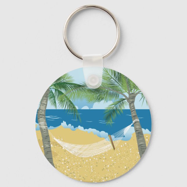 Beach ~ Tropical Beach Hammock Vacation Keychain (Front)
