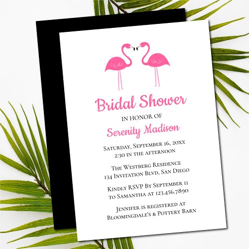  Beach Tropical Black Pink Flamingo Bridal Shower Invitation