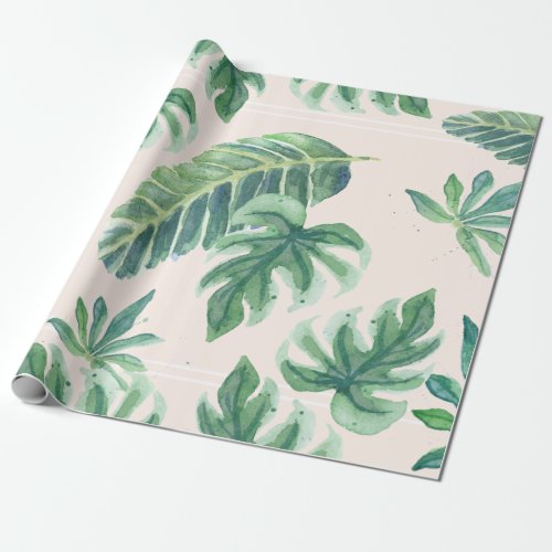 Beach Tropical Blush n Green Jungle Leaf Foliage Wrapping Paper