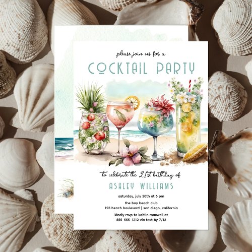 Beach Tropical Cocktails 21st Birthday Party Invitation
