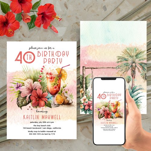 Beach Tropical Cocktails 40th Birthday Party Invitation