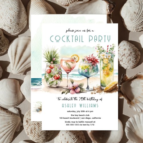 Beach Tropical Cocktails 70th Birthday Party Invitation