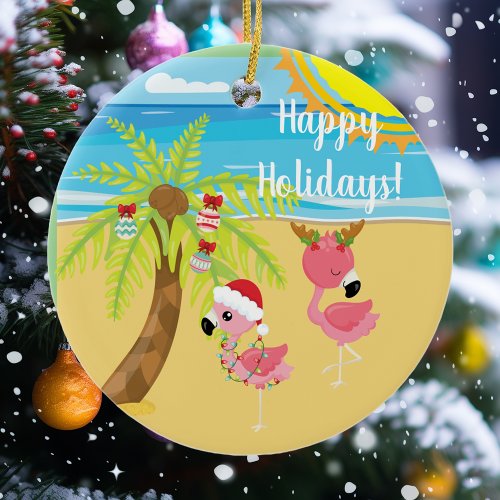 Beach Tropical Flamingo Christmas Holiday Ceramic Ornament