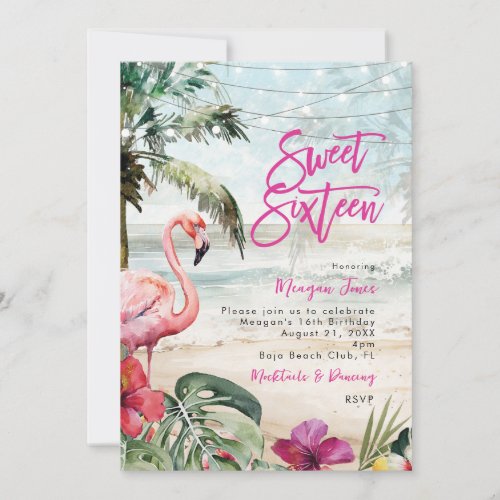 beach tropical flamingo sweet 16 invitation