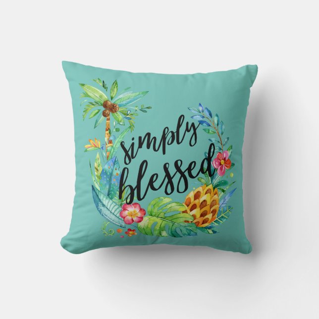 Beach Tropical Floral Blessed Palm Tree Teal Throw Pillow (Front)