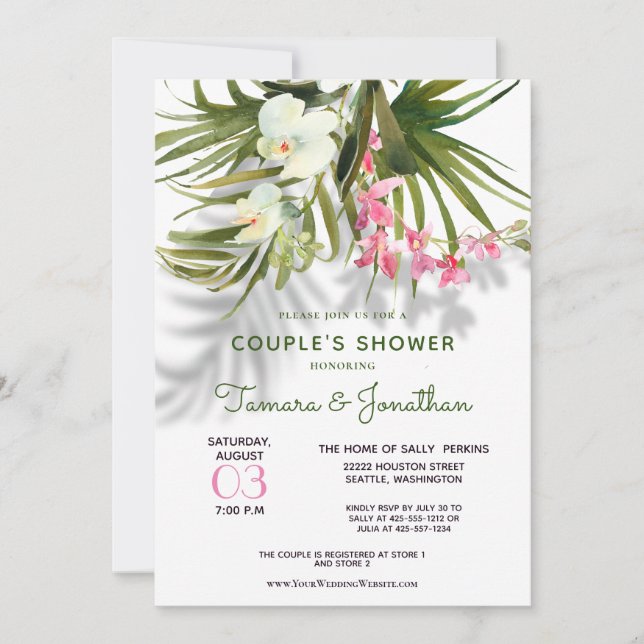 Beach Tropical Floral Shadows Couple's Shower  Invitation (Front)