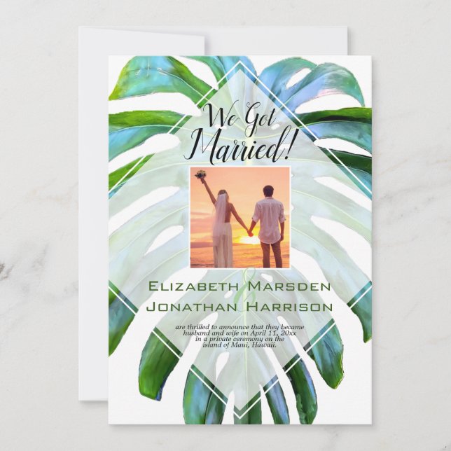 Beach Tropical Hawaii Leaf Just Married Elegant Invitation (Front)
