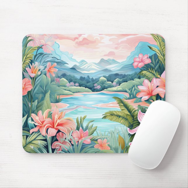 Beach Tropical Island Jungle Mountains Floral Mouse Pad (With Mouse)