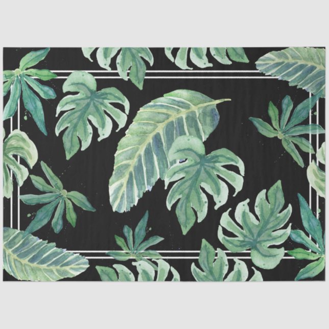 Beach Tropical Jungle Leaf Foliage Black n Green Tissue Paper (Front)