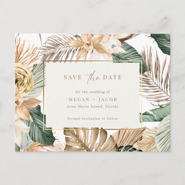 Beach Tropical Leaf  Wedding Save the Date Announcement Postcard (Front)