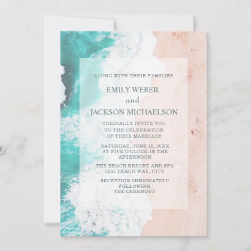 Beach Tropical Ocean Teal White Brown Wedding Invitation