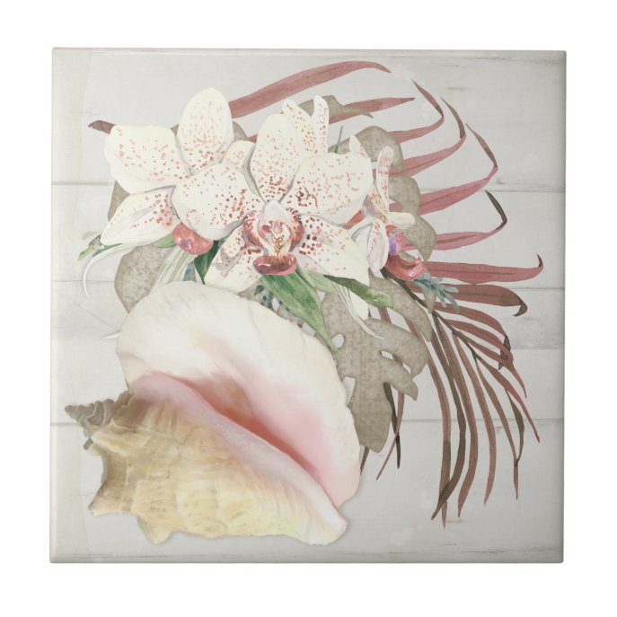 Beach Tropical Orchid Floral Conch Seashell Wooden Ceramic Tile
