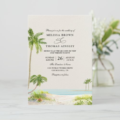 Beach Tropical Palm Elegant Budget QR Code Wedding Invitation