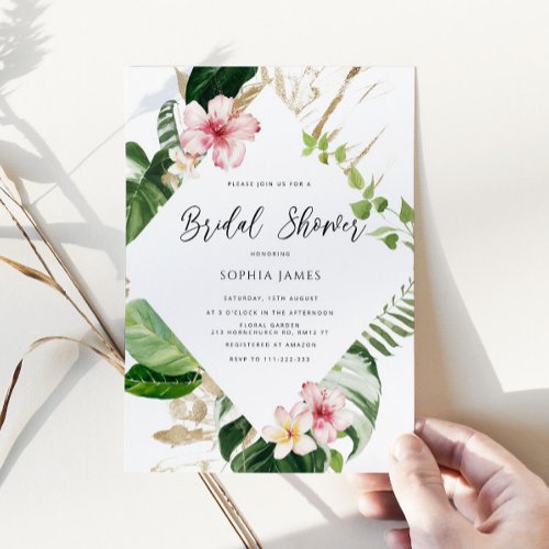 Beach tropical palm leaves frame bridal shower invitation