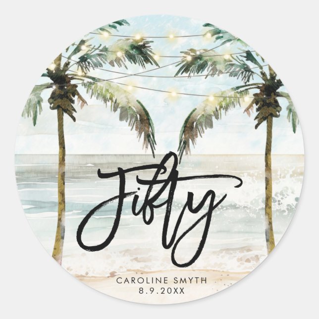 beach tropical palms 50th birthday sticker (Front)