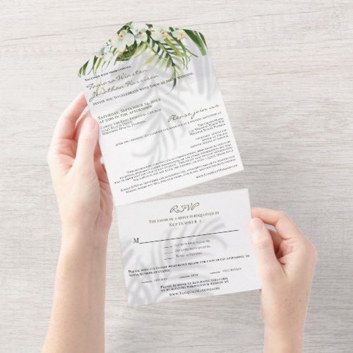 Beach Tropical Palms  Orchids w Shadows Wedding  All In One Invitation