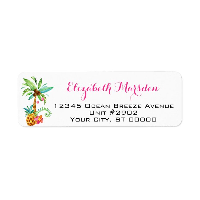 Beach Tropical Palms Pink Teal Floral Address Label (Front)