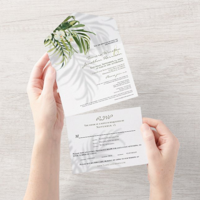 Beach Tropical Palms Shadows RSVP Tri-fold  All In One Invitation (Tearaway)