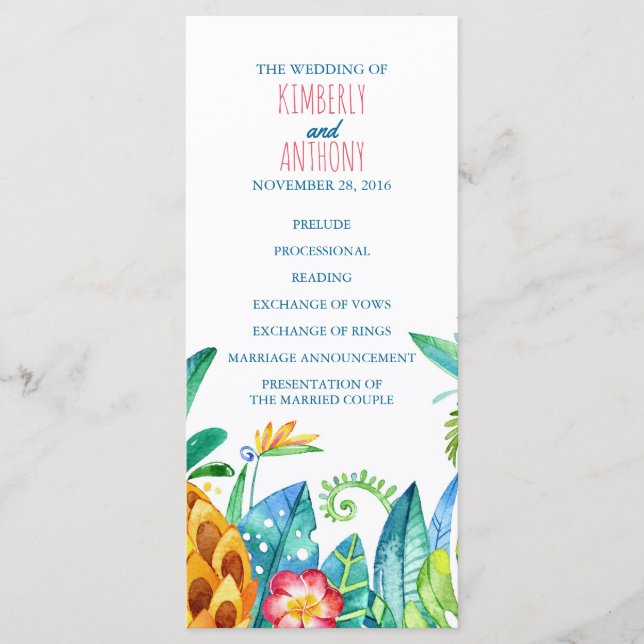 beach tropical pineapple palms wedding programs (Front)