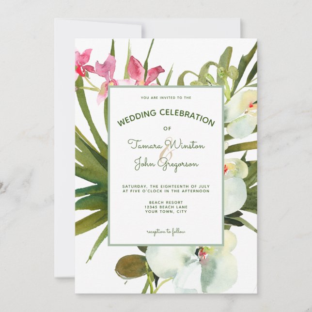 Beach Tropical Pink Floral White Orchids Greenery Invitation (Front)