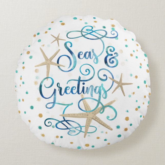 Beach Tropical SEAsons Greetings Round Pillow (Front)