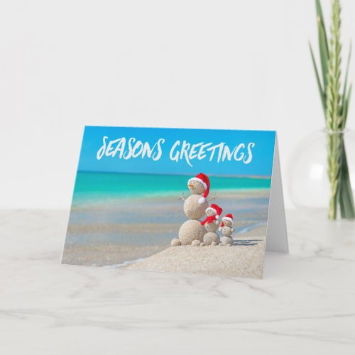 Beach Tropical Snowman Sand Seasons Greetings Card