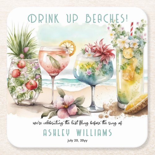 Beach Tropical Themed Cocktails Bachelorette Party Square Paper Coaster