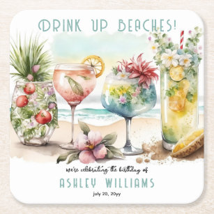 Beach Tropical Themed Cocktails Birthday Party Square Paper Coaster
