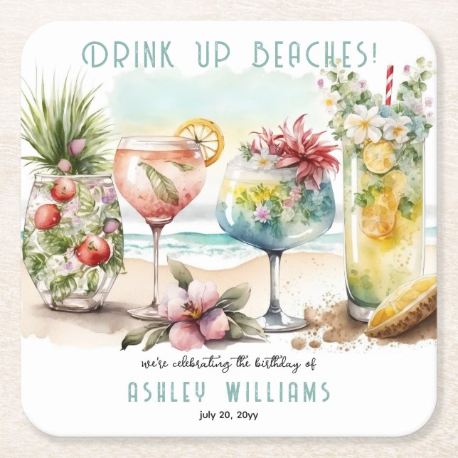 Beach Tropical Themed Cocktails Birthday Party Square Paper Coaster (Front)