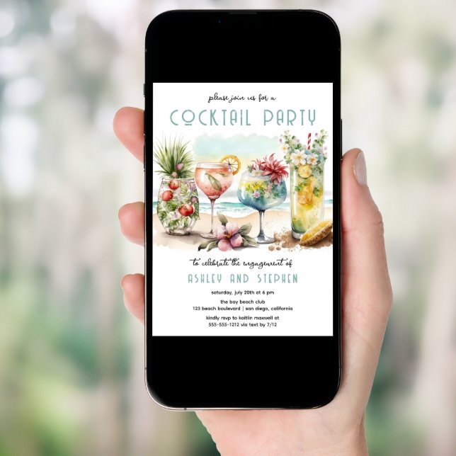 Beach Tropical Themed Cocktails Engagement Party Invitation (Front Digital)