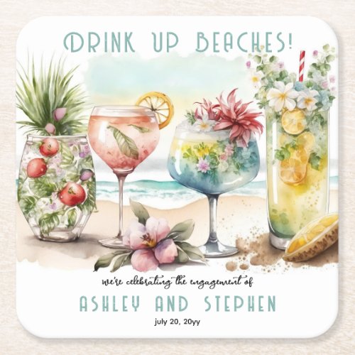 Beach Tropical Themed Cocktails Engagement Party Square Paper Coaster