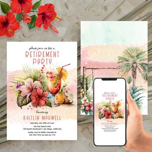 Beach Tropical Themed Cocktails Retirement Party Invitation