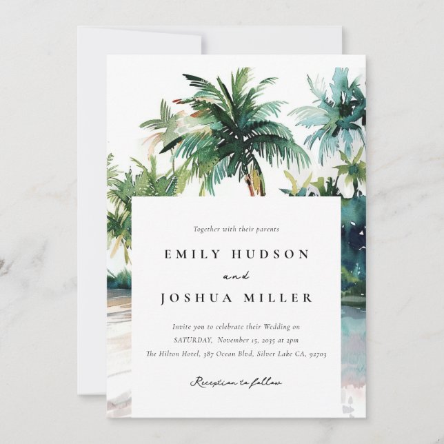 Beach Tropical Watercolor All in One Wedding Invitation (Front)