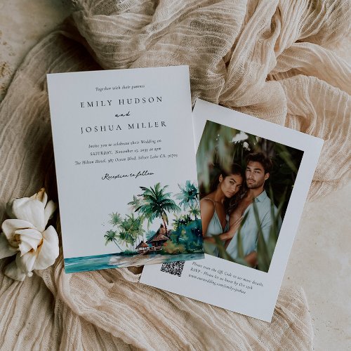 Beach Tropical Watercolor QR Code Photo Wedding Invitation