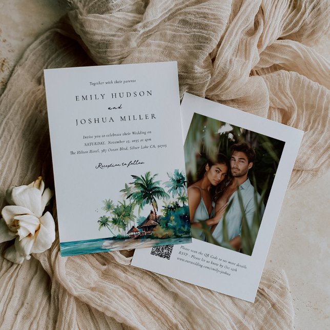 Beach Tropical Watercolor QR Code Photo Wedding Invitation (Creator Uploaded)