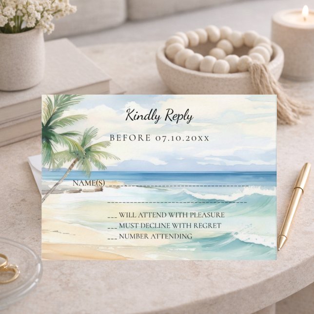 Beach tropical watercolor wedding response RSVP Note Card (Creator Uploaded)