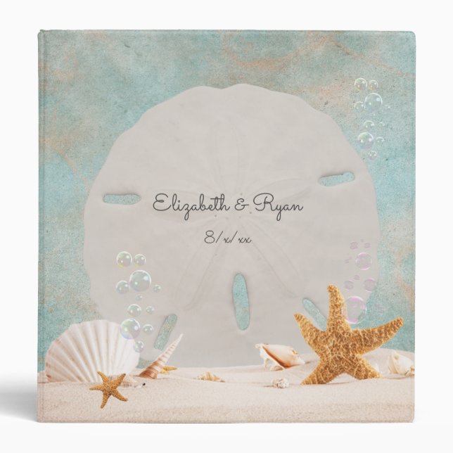 Beach Tropical Wedding Sand Dollar Starfish Bubble 3 Ring Binder (Front)